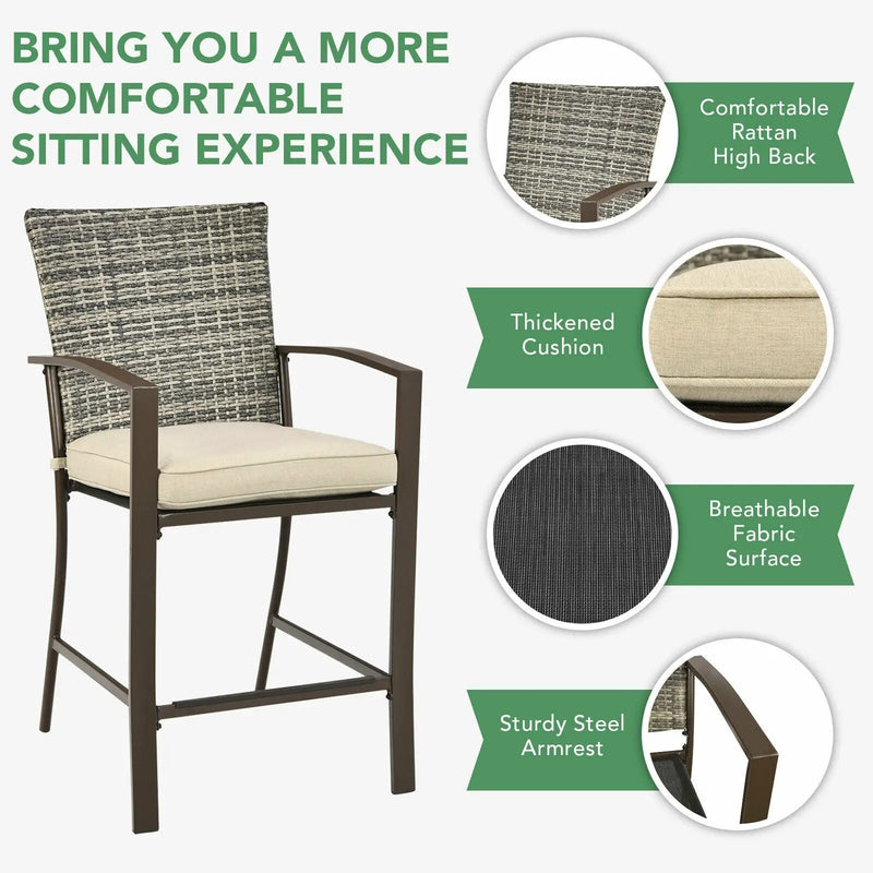 3 Pieces Rattan Bar Furniture Set with Slat Table and 2 Cushioned Stools by DirectDeals