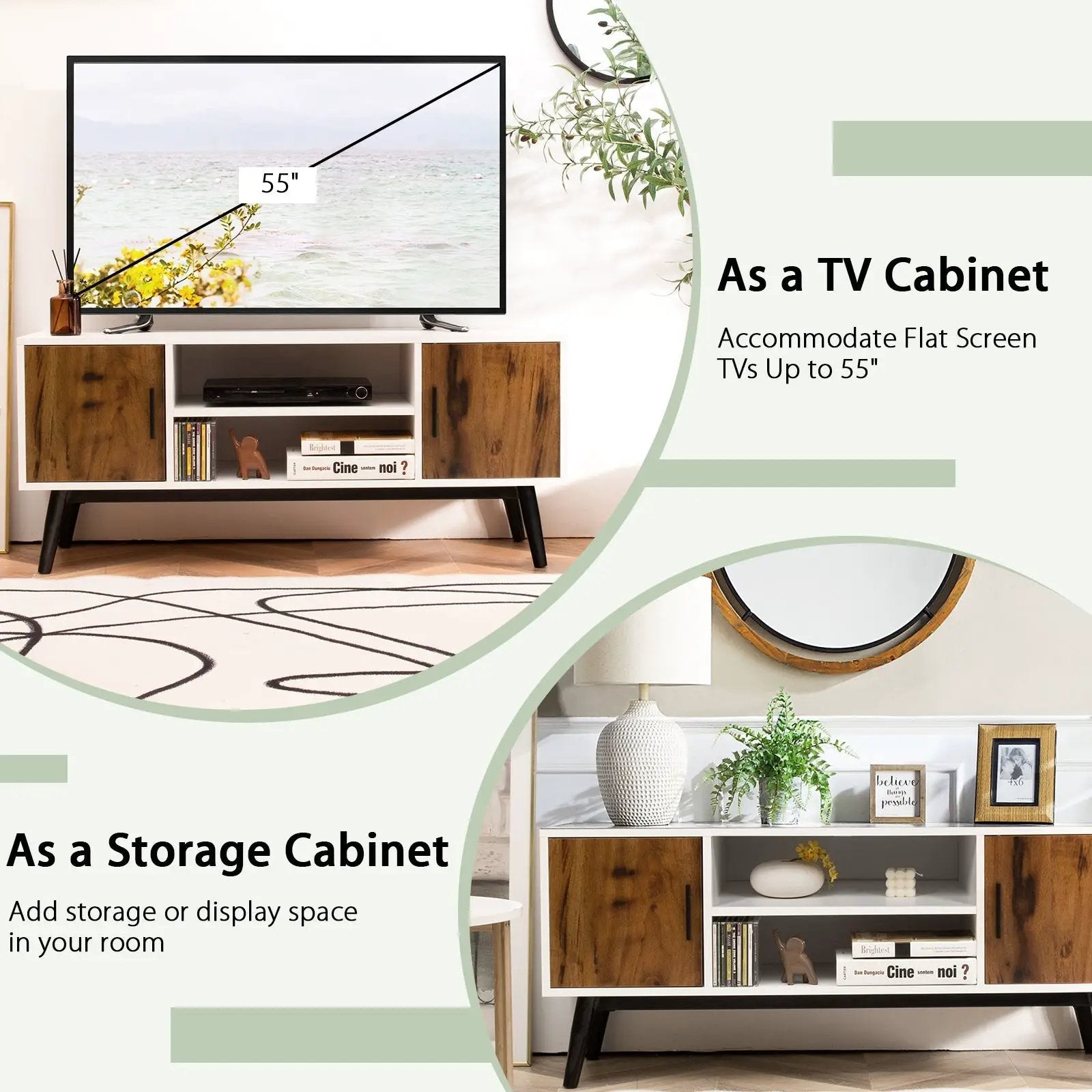 Mid-Century Wood TV Stand for 55 Inch with 2 Cabinets and Open Shelves by DirectDeals
