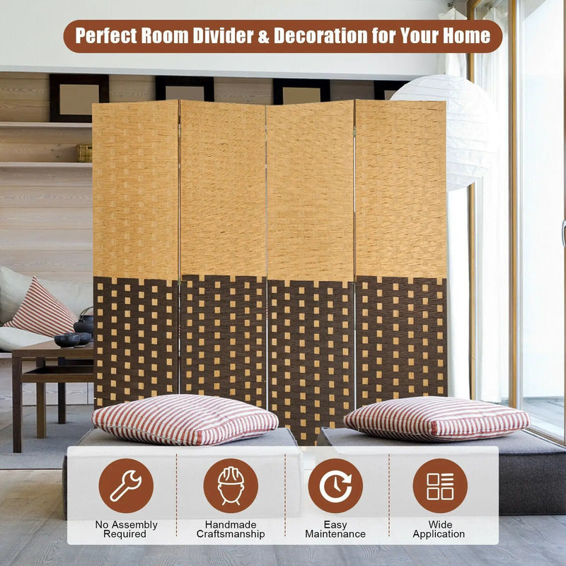 4 Panel Portable Folding Hand-Woven Wall Divider Suitable for Home Office-Brown by DirectDeals