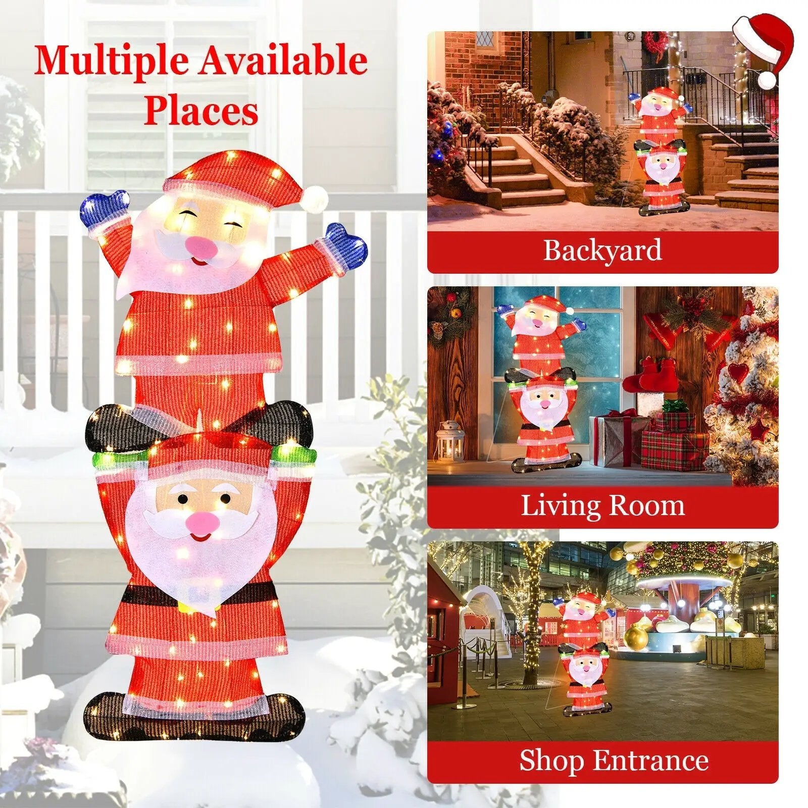LED Double Santa Yard Christmas Decoration with String Lights and Stakes by DirectDeals