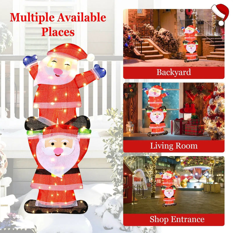 LED Double Santa Yard Christmas Decoration with String Lights and Stakes by DirectDeals