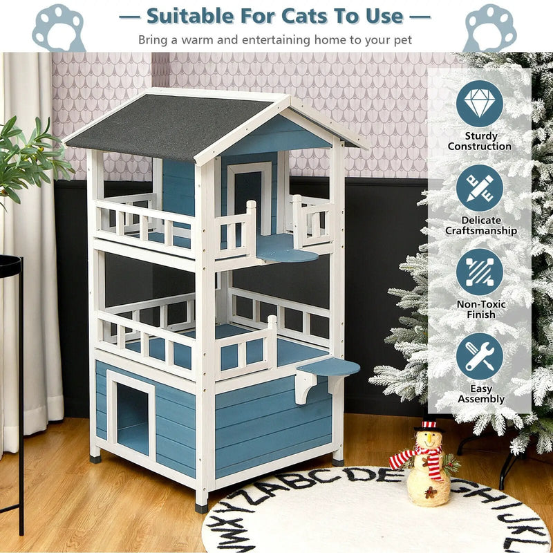 2-Story Outdoor Wooden Catio Cat House Shelter with Enclosure by DirectDeals