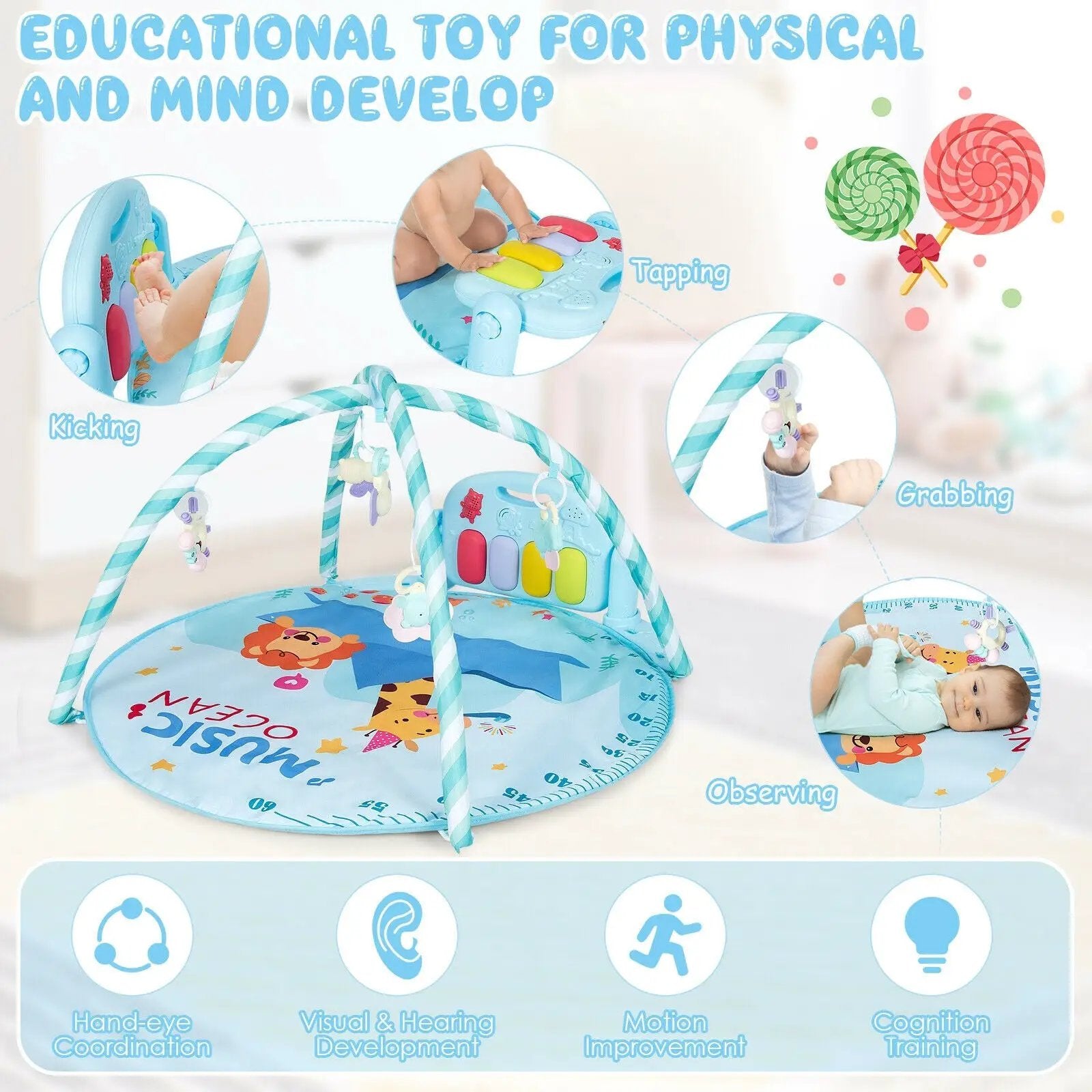 Baby Activity Play Piano Gym Mat with 5 Hanging Sensory Toys by DirectDeals