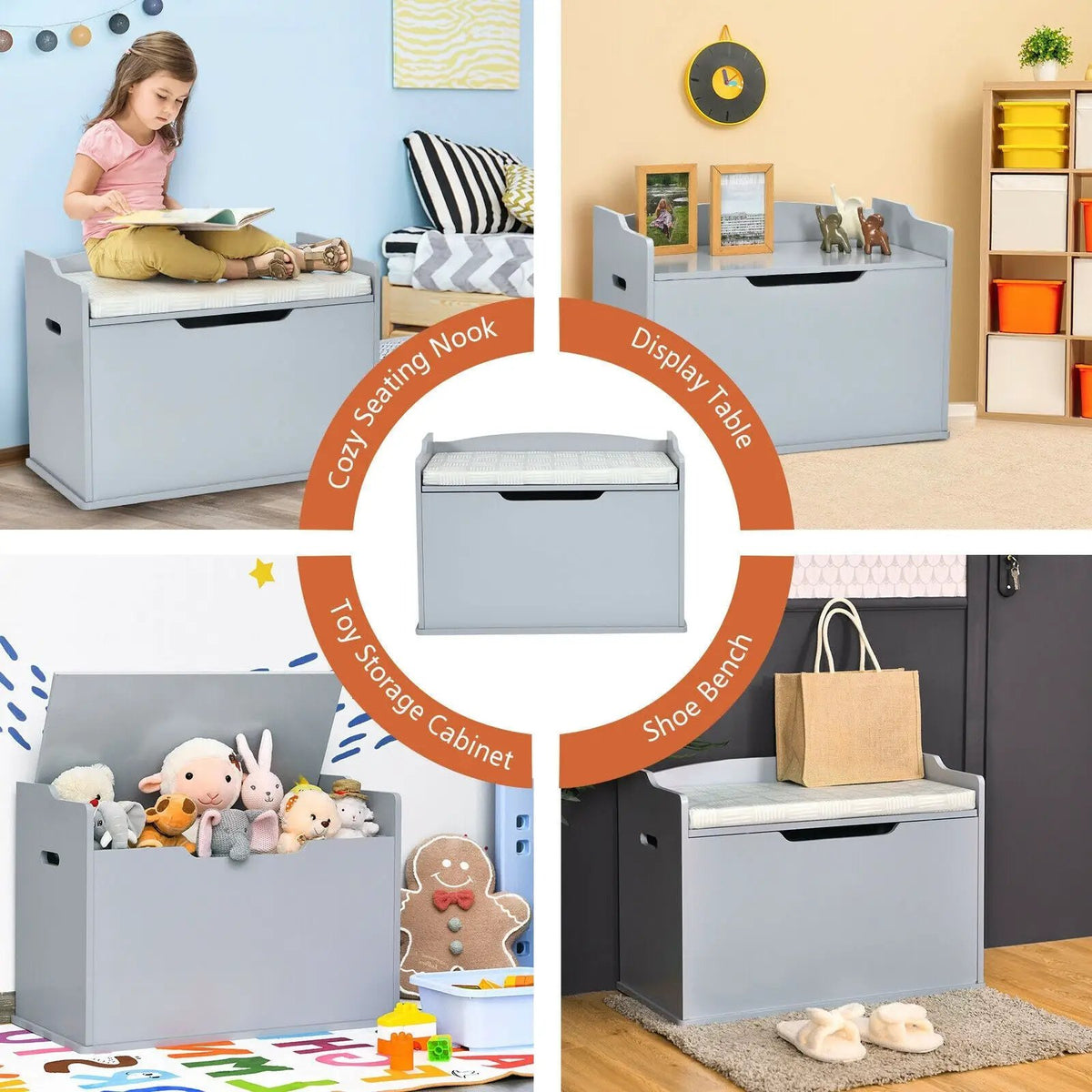 Kids Toy Wooden Flip-top Storage Box Chest Bench with Cushion Hinge by DirectDeals