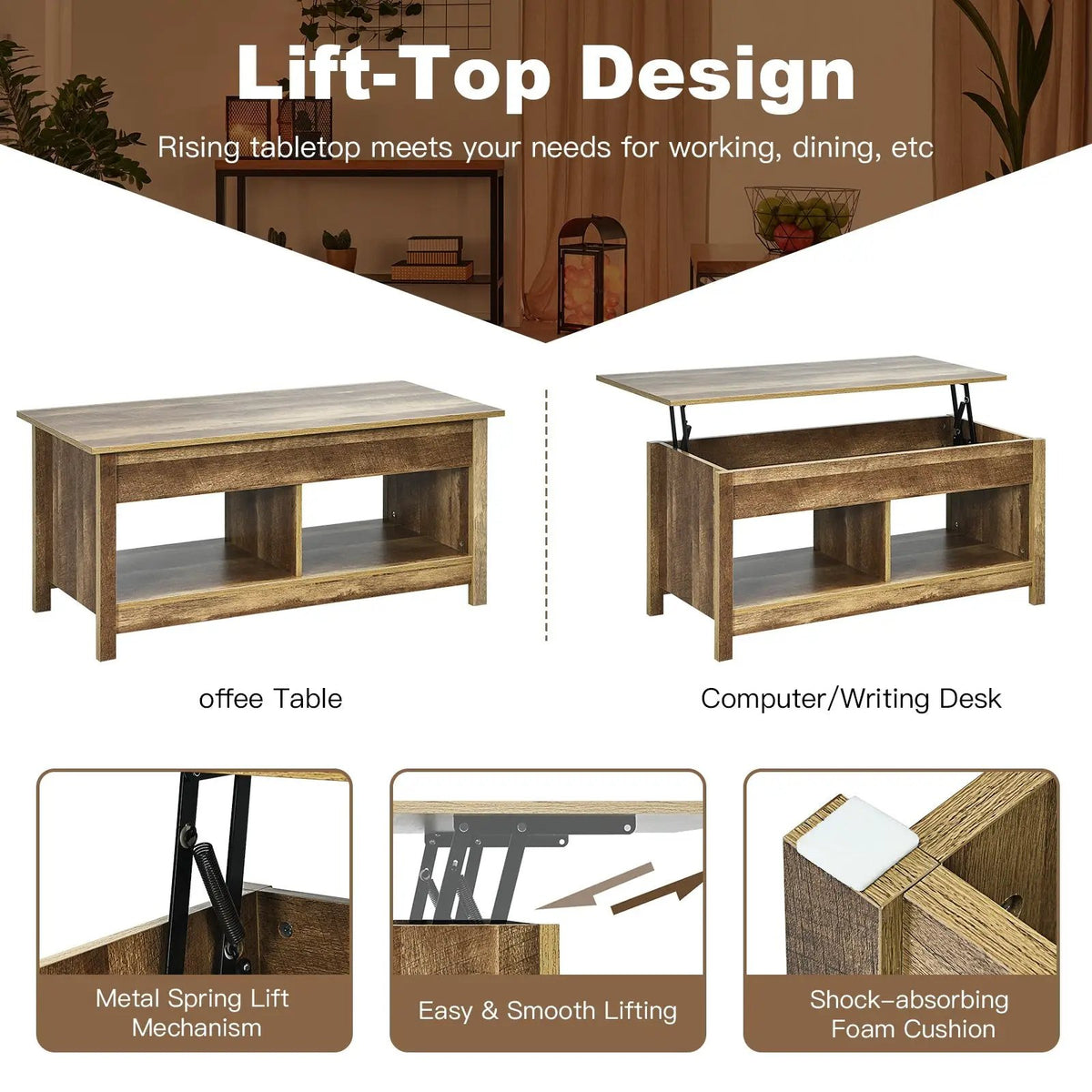 Lift Top Coffee Table with Hidden Storage Compartment and Lower Shelf for Study Room by DirectDeals