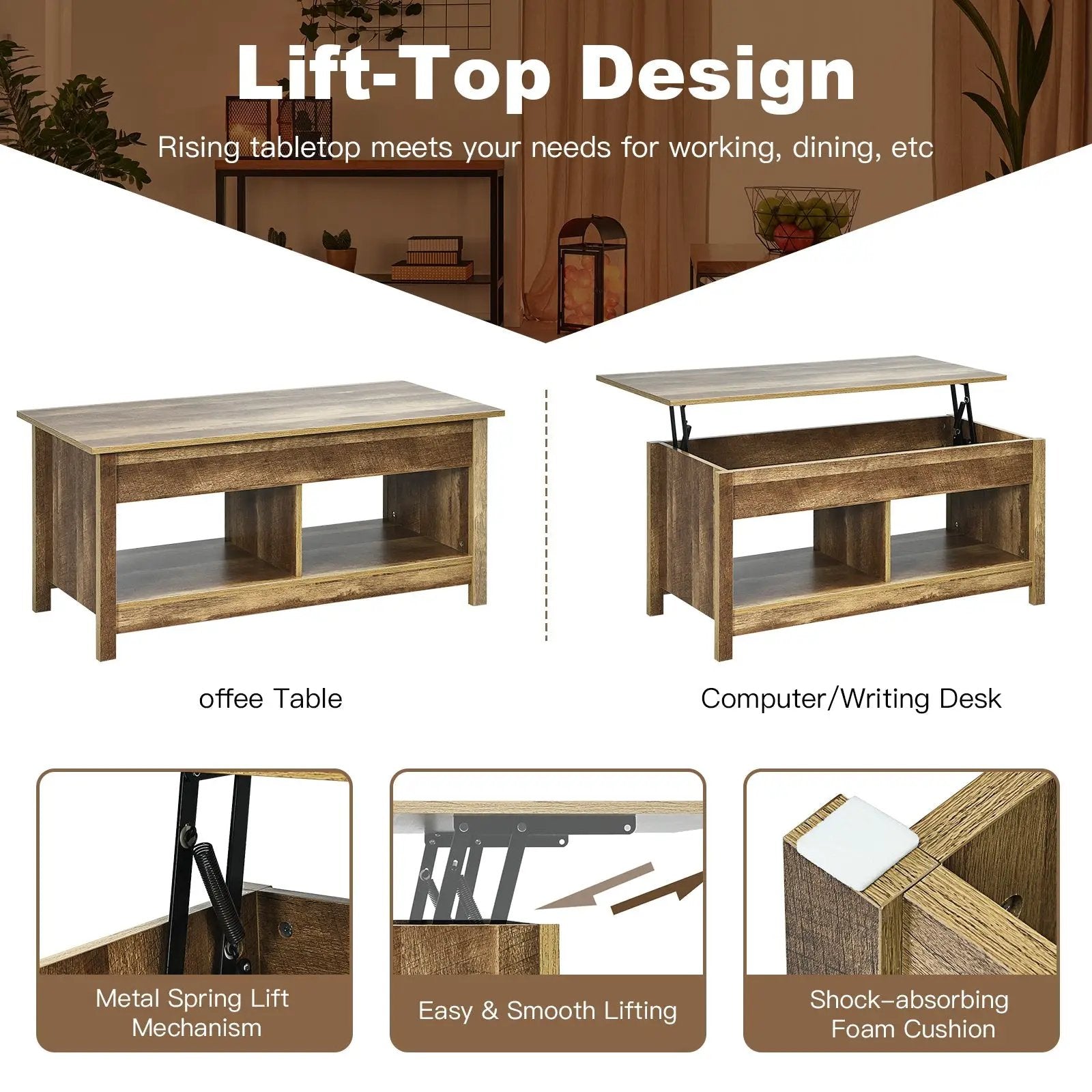 Lift Top Coffee Table with Hidden Storage Compartment and Lower Shelf for Study Room by DirectDeals
