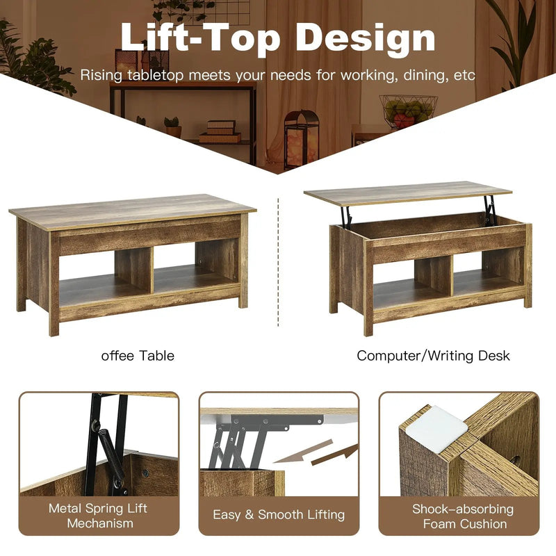 Lift Top Coffee Table with Hidden Storage Compartment and Lower Shelf for Study Room by DirectDeals