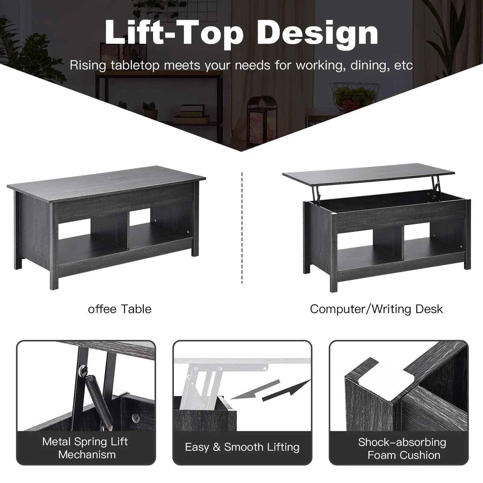 Lift Top Coffee Table with Hidden Storage Compartment and Lower Shelf for Study Room by DirectDeals