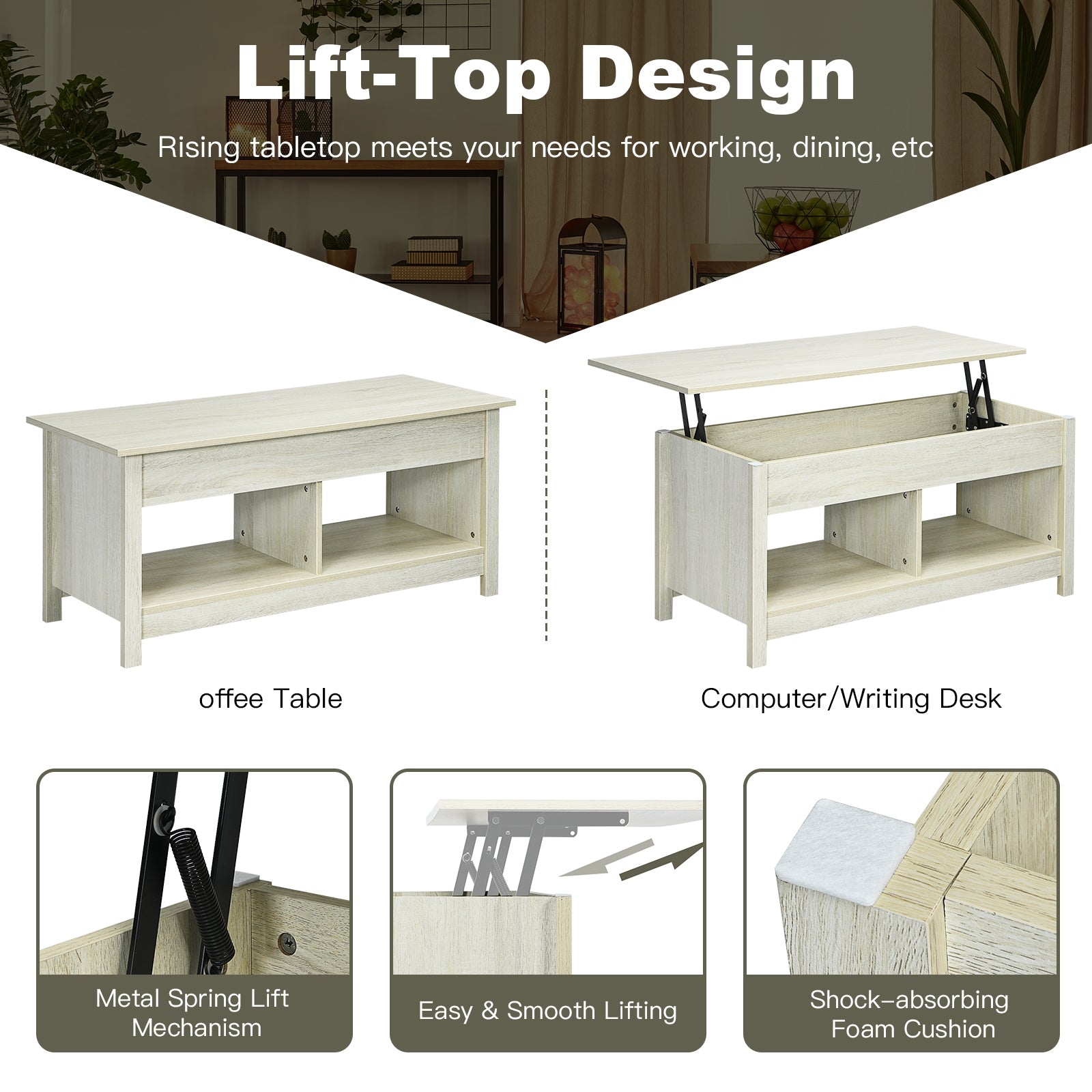 Lift Top Coffee Table with Hidden Storage Compartment and Lower Shelf for Study Room by DirectDeals