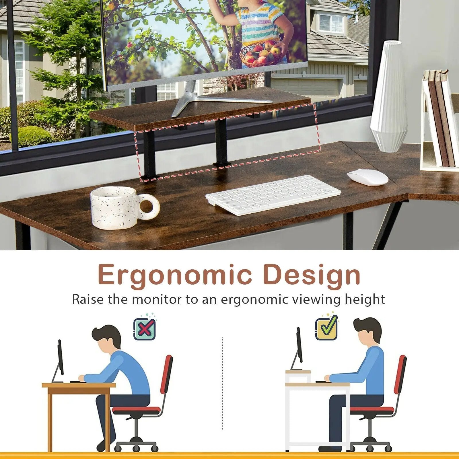 88.5 Inch L Shaped Reversible Computer Desk Table with Monitor Stand by DirectDeals