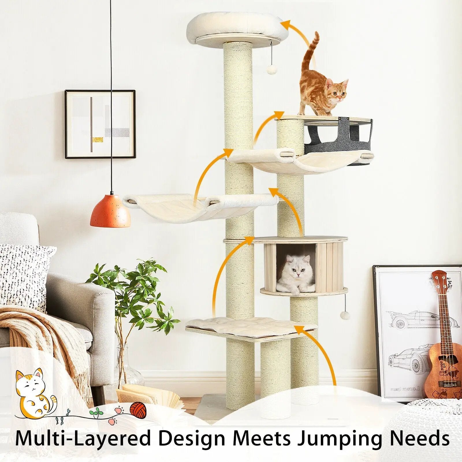 77.5-Inch Cat Tree Condo Multi-Level Kitten Activity Tower with Sisal Posts-Cream White by DirectDeals