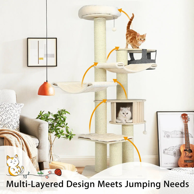77.5-Inch Cat Tree Condo Multi-Level Kitten Activity Tower with Sisal Posts-Cream White by DirectDeals