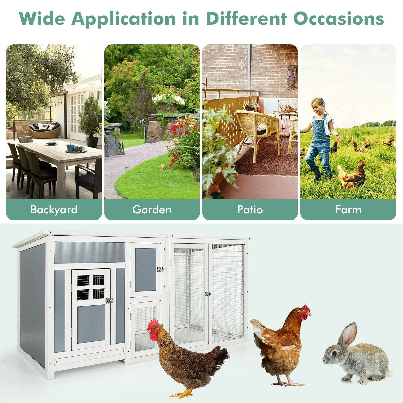 63 Inch Large Wooden Chicken Coop with Run Box and PC Roof by DirectDeals