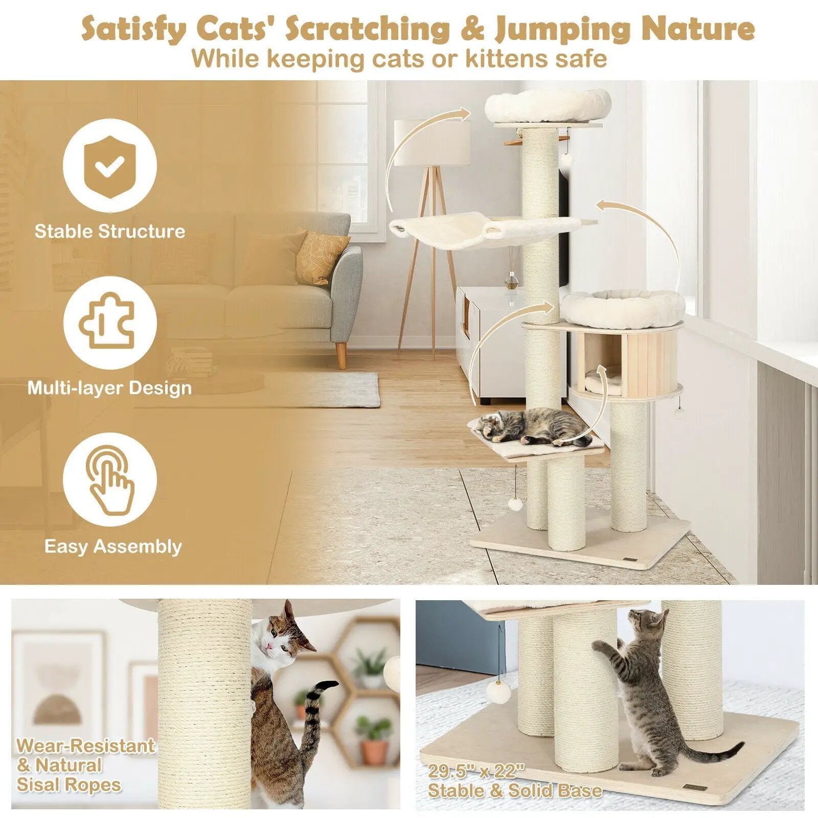 4-Layer 68.5-Inch Wooden Cat Tree Condo Activity Tower with Sisal Posts-Natural by DirectDeals