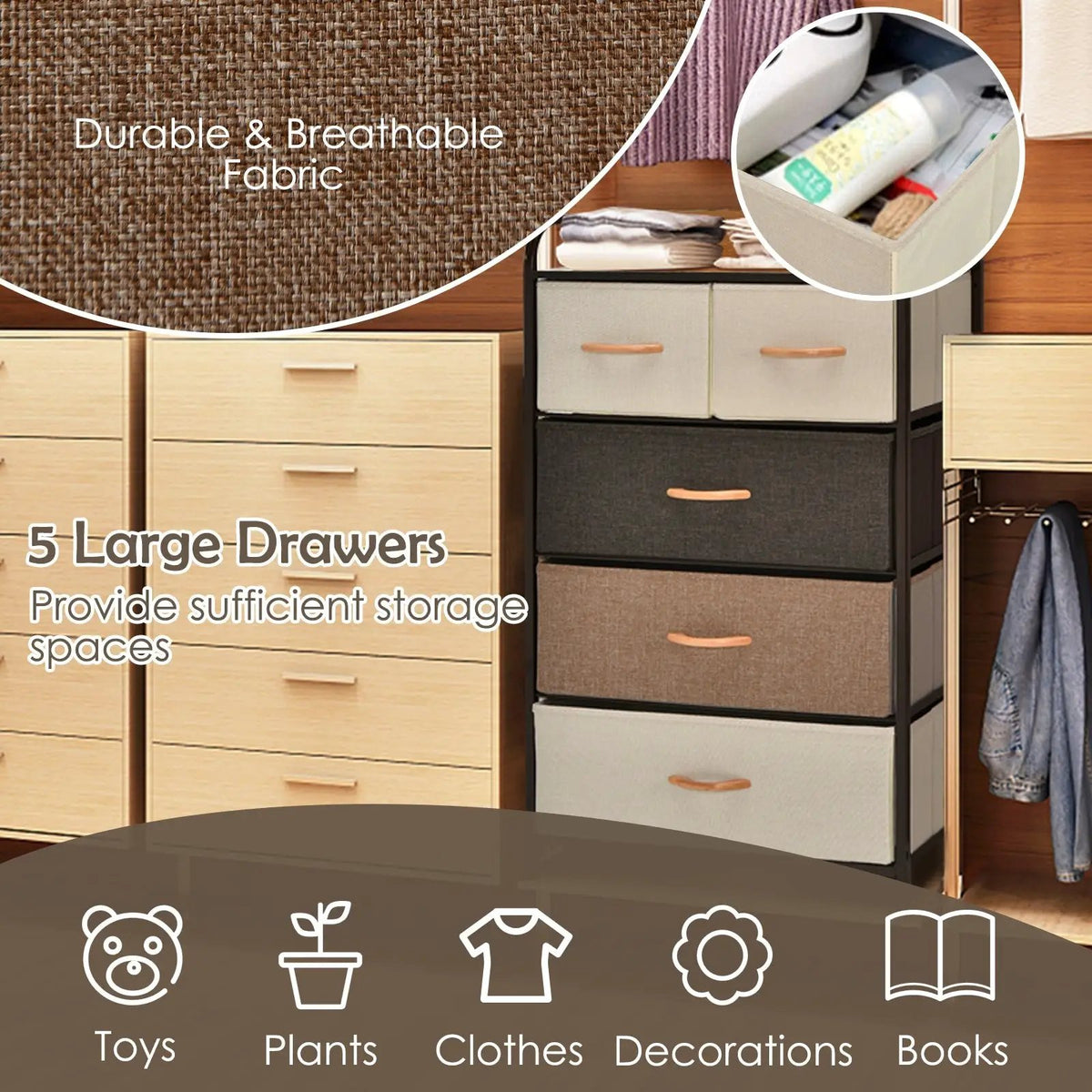 4-Tier Organizer Tower Steel Frame Wooden Top Storage with 5-Drawer Dresser by DirectDeals