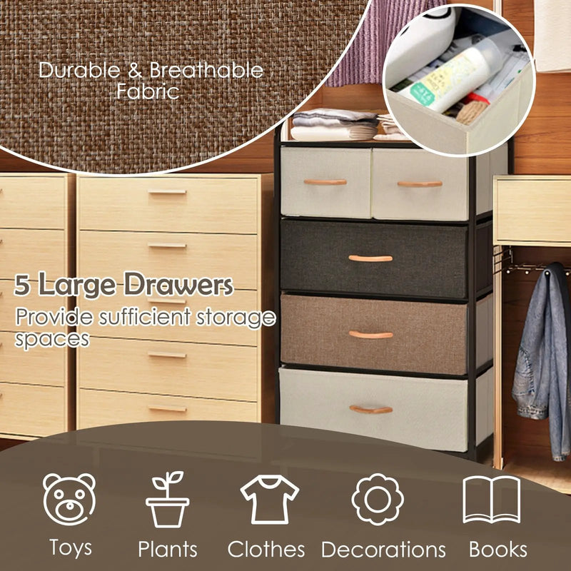 4-Tier Organizer Tower Steel Frame Wooden Top Storage with 5-Drawer Dresser by DirectDeals