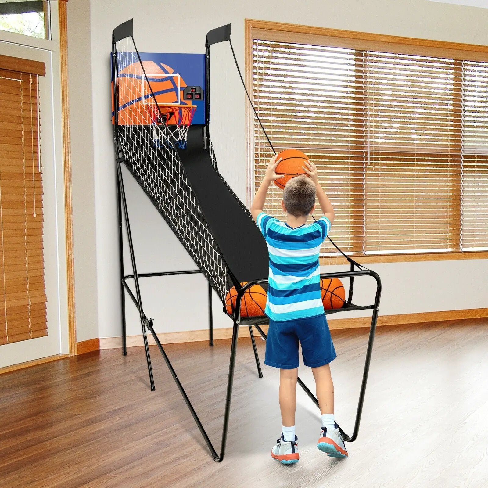 Foldable Single Shot Basketball Arcade Game with Electronic Scorer and Basketballs by DirectDeals