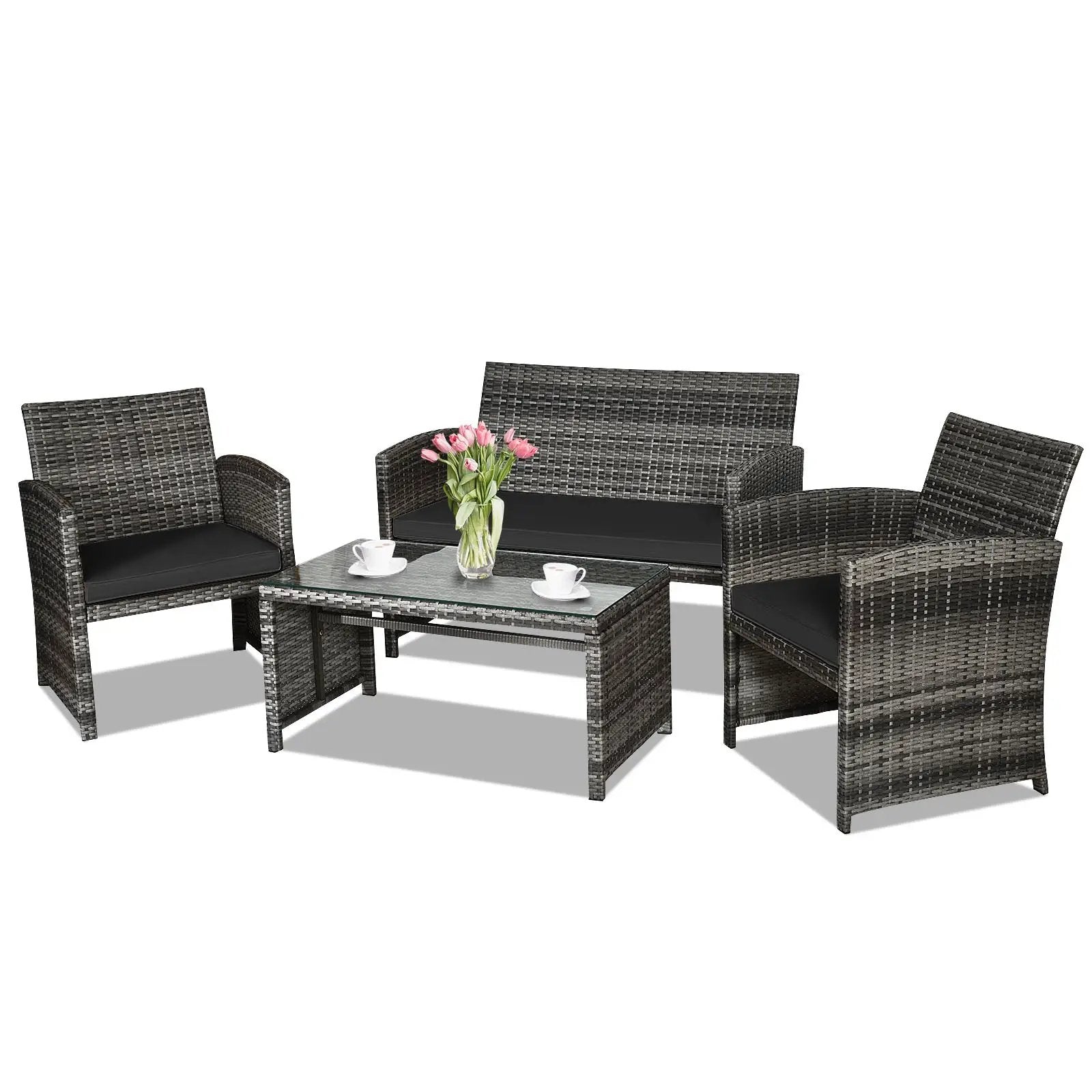 4 Pieces Patio Rattan Furniture Set with Glass Table and Loveseat-Gray by DirectDeals