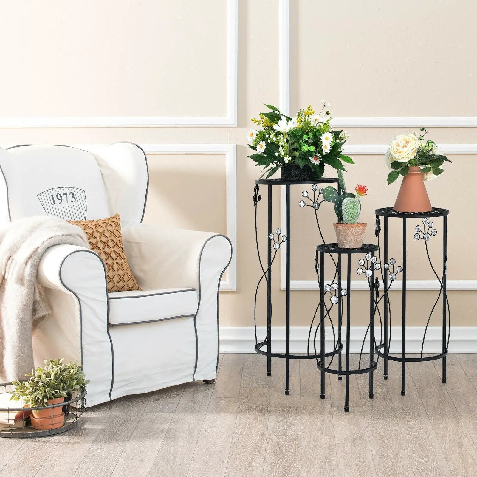 3 Pieces Metal Plant Stand Set with Crystal Floral Accents Round-Black by DirectDeals