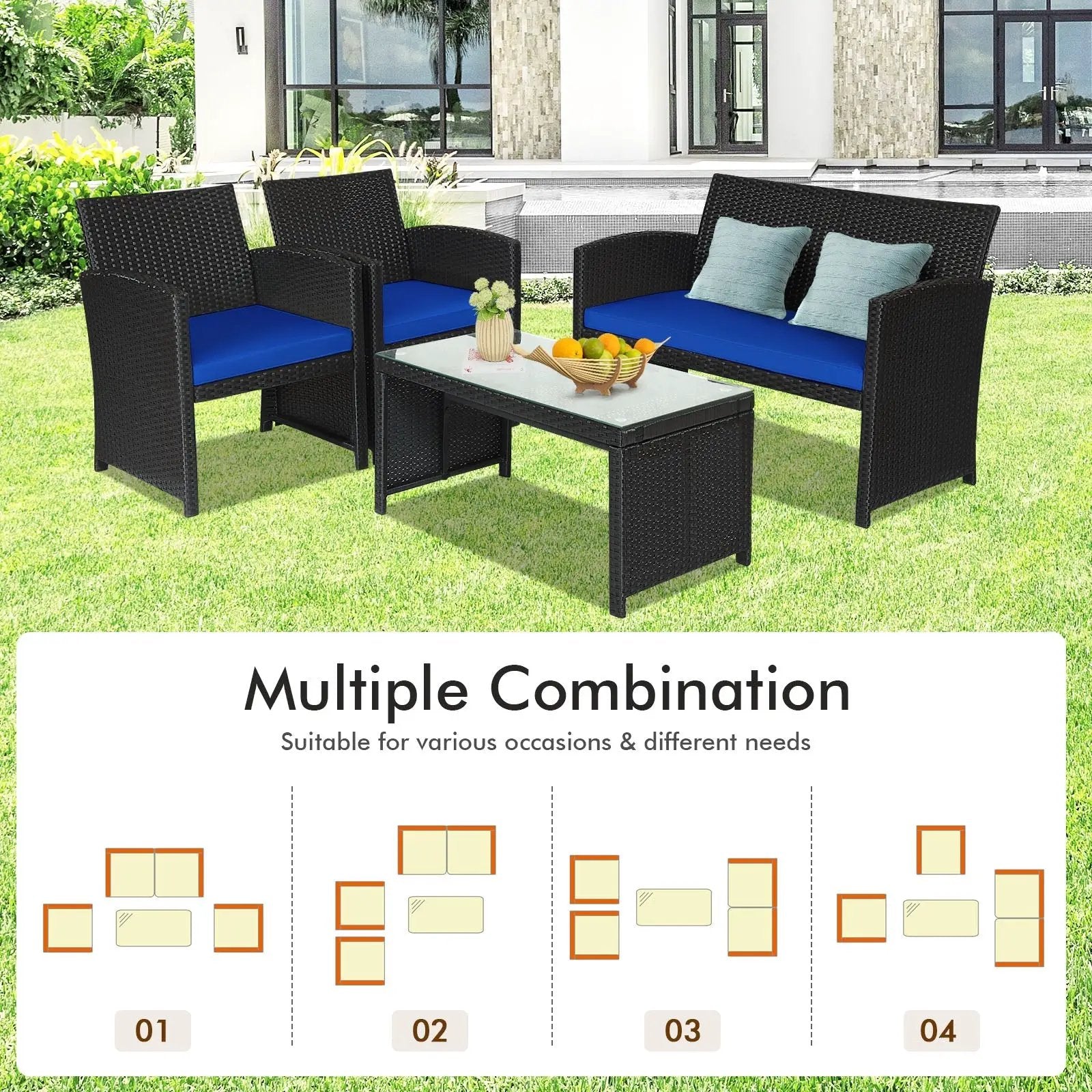 4 Pieces Rattan Patio Furniture Set with Weather Resistant Cushions and Tempered Glass Tabletop by DirectDeals