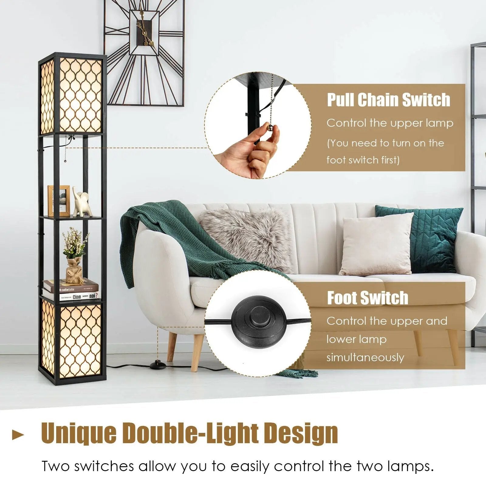 Modern Shelf Freestanding Floor Lamp with Double Lamp Pull Chain and Foot Switch by DirectDeals