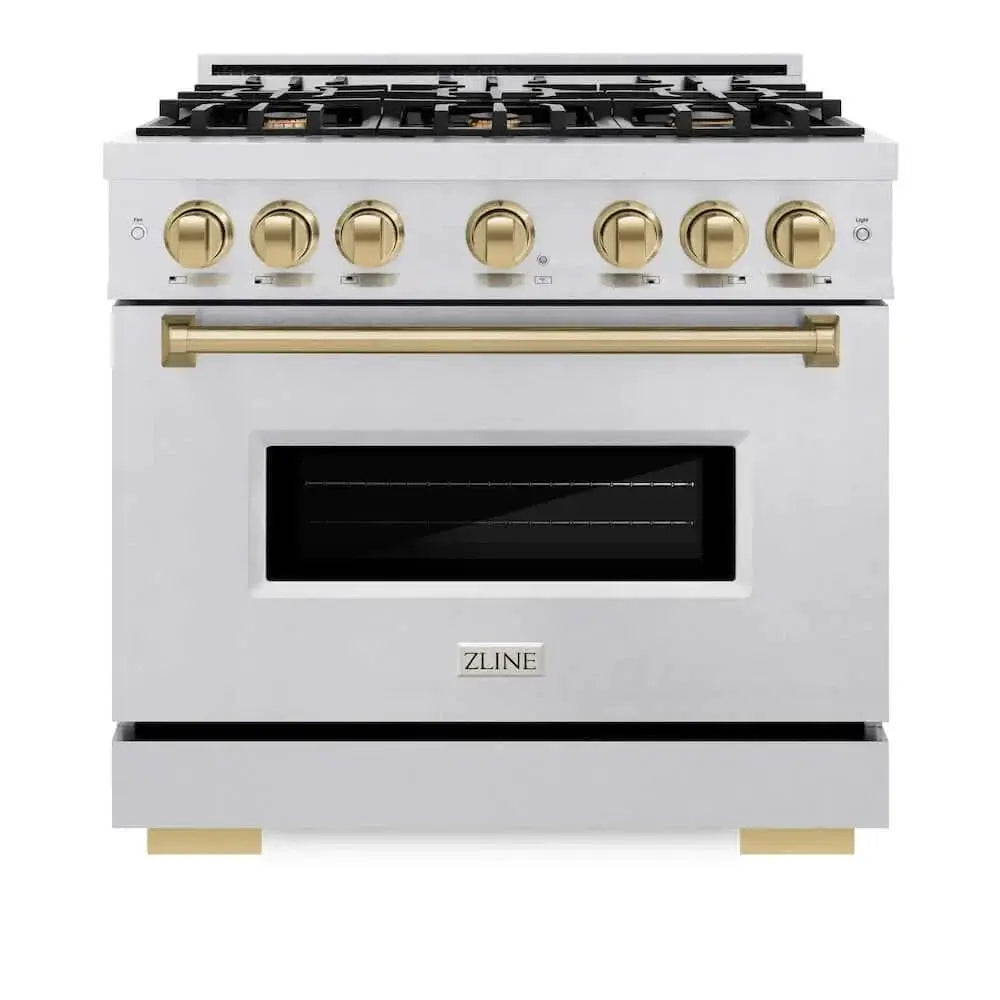 ZLINE 36" Classic Gas Range, Convection Gas Oven DuraSnow® Stainless Steel, Champagne Bronze CGRSZ-36-CB by Farmhouse Kitchen and Bath