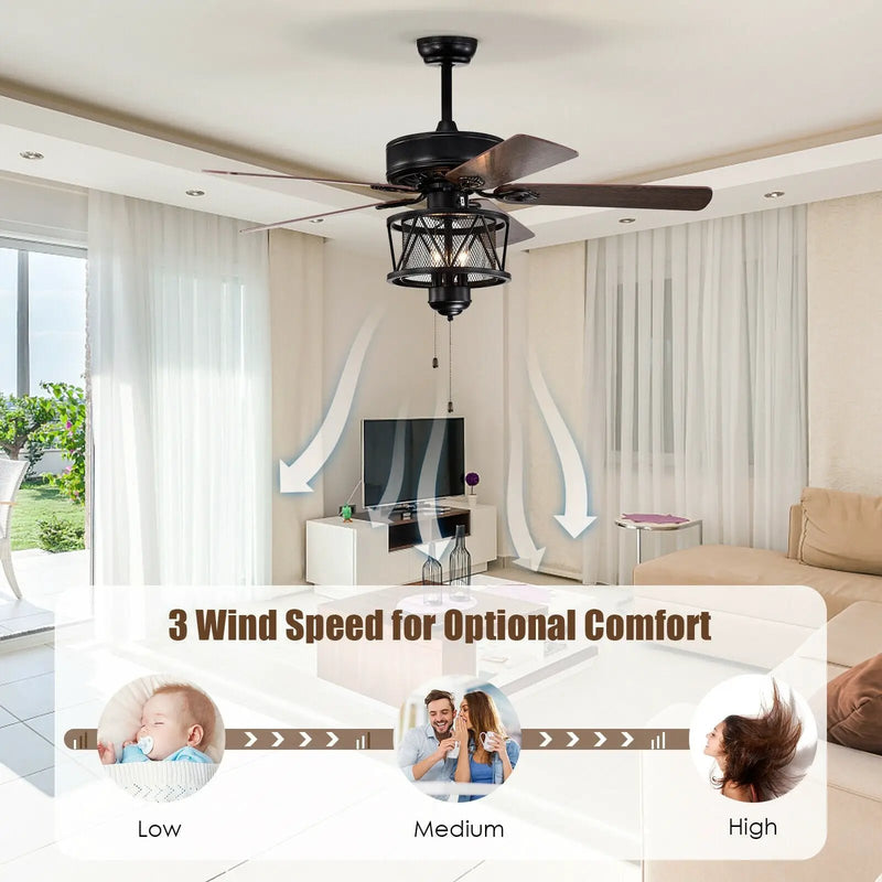 50 Inches Ceiling Fan with Lights Reversible Blades and Pull Chain Control-Black by DirectDeals