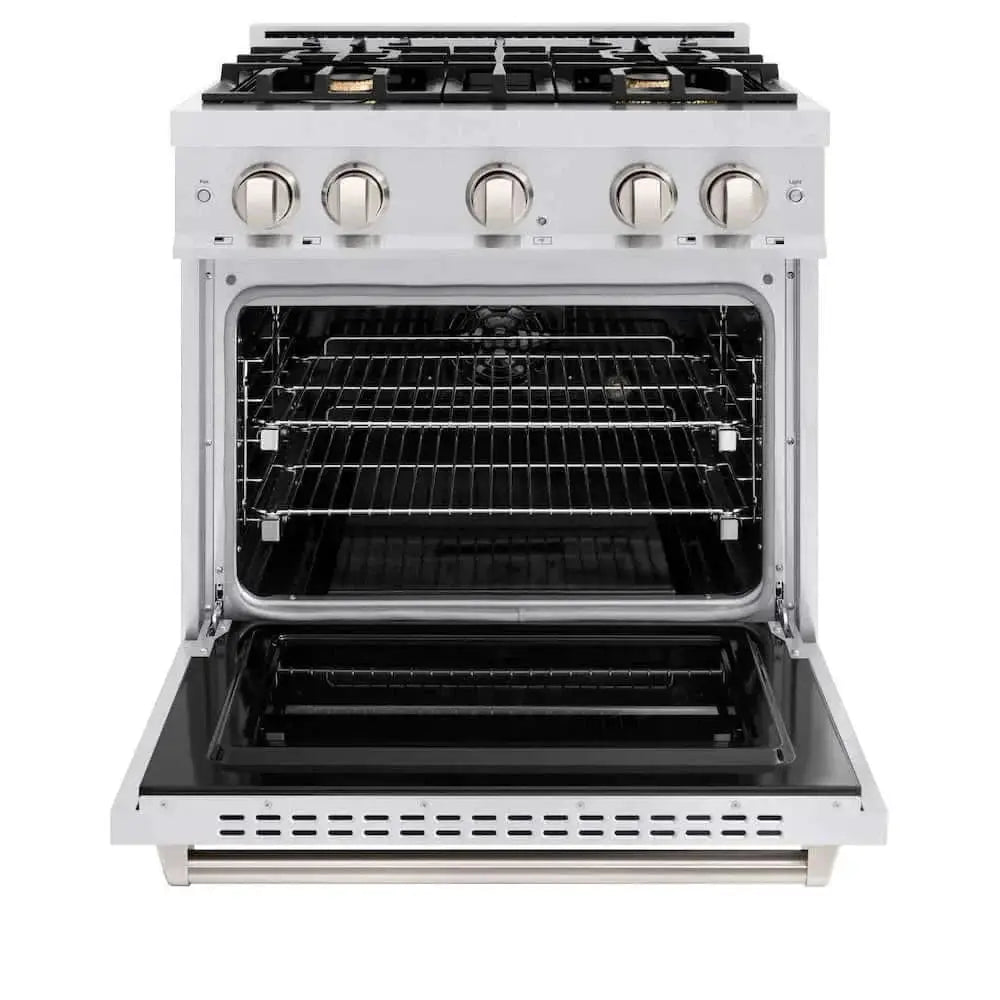 ZLINE 30" Dual Fuel Range, Gas Cooktop, Electric Convection Oven DuraSnow® Stainless Steel, Brass Burners CDRS-BR-30 by Farmhouse Kitchen and Bath