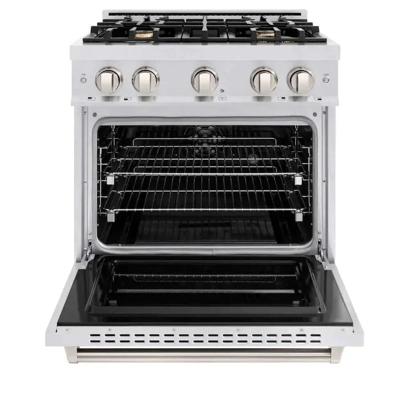 ZLINE 30" Dual Fuel Range, Gas Cooktop, Electric Convection Oven DuraSnow® Stainless Steel, Brass Burners CDRS-BR-30 by Farmhouse Kitchen and Bath