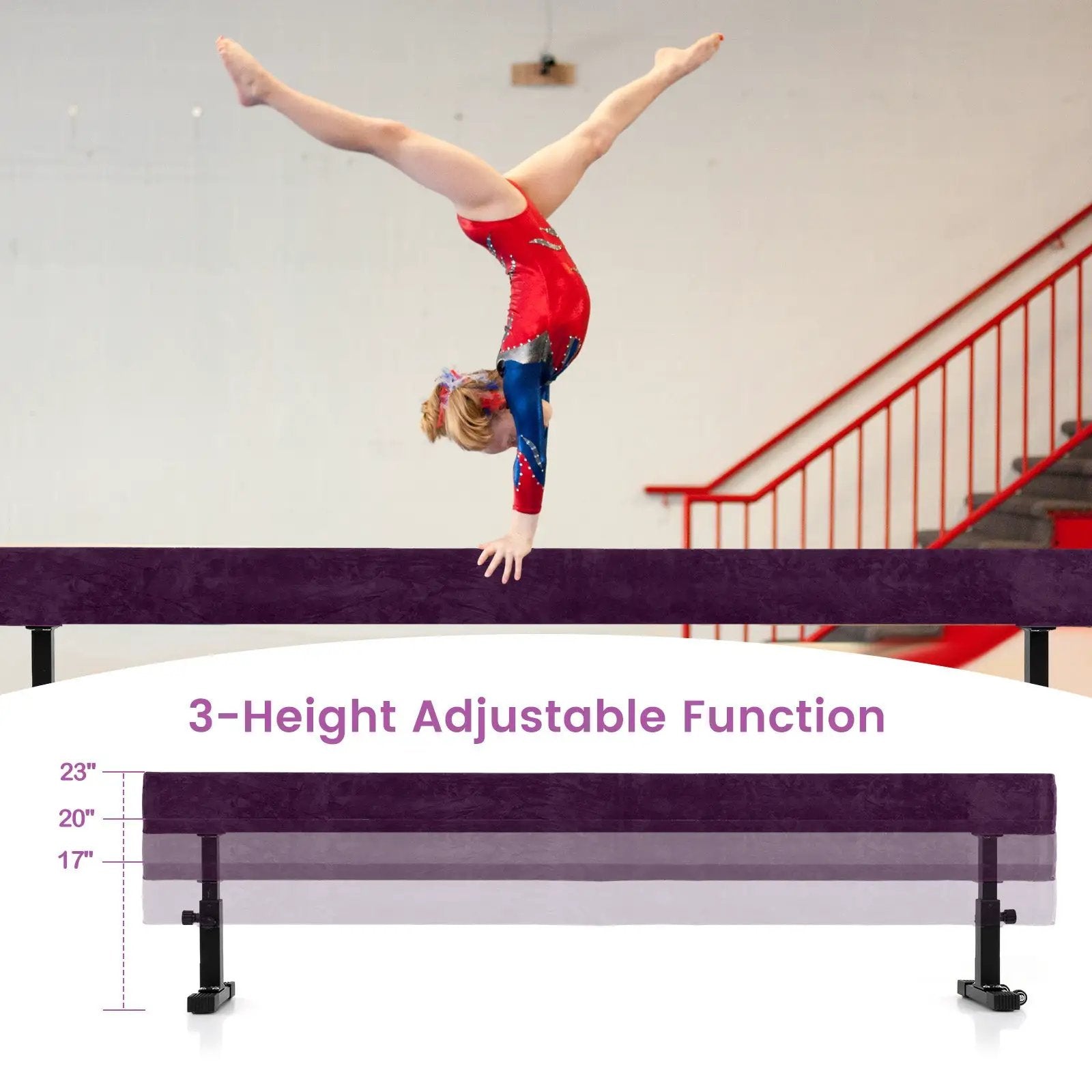 7.5 Feet High and Low Gymnastics Beam with 3 Heights-Purple by DirectDeals