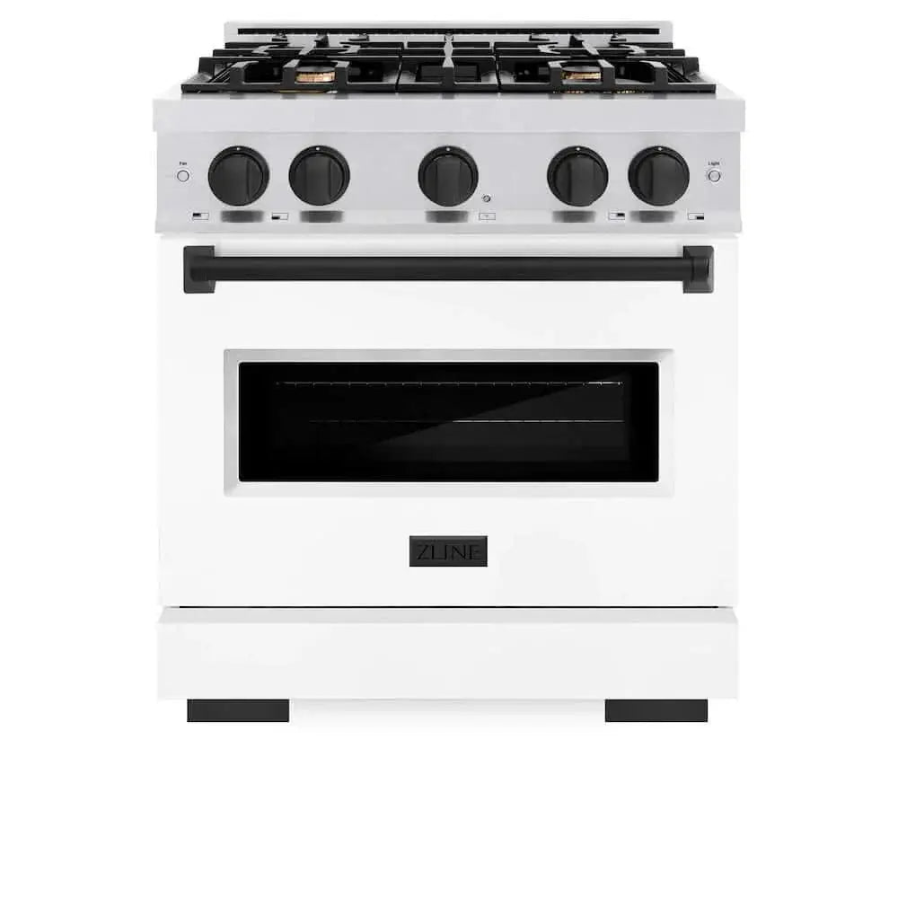 ZLINE 30"Classic Gas Range, Convection Gas Oven, DuraSnow® Stainless Steel, White Matte Door Matte Black CGRSZ-WM-30-MB by Farmhouse Kitchen and Bath