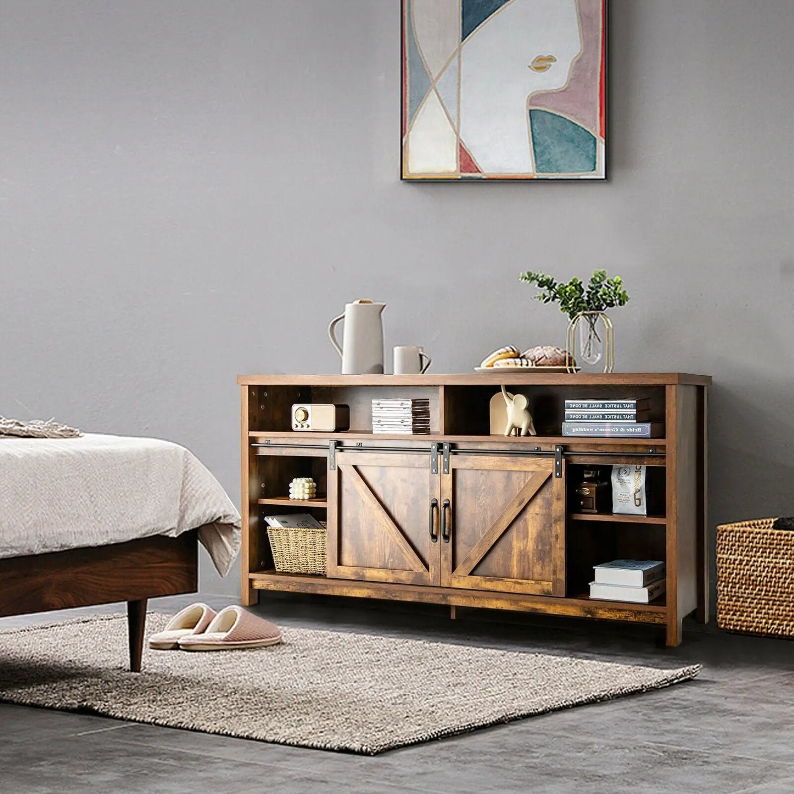 59 Inch Sliding Barn Door TV Stand with Adjustable Shelves for TVs up to 65 Inch by DirectDeals