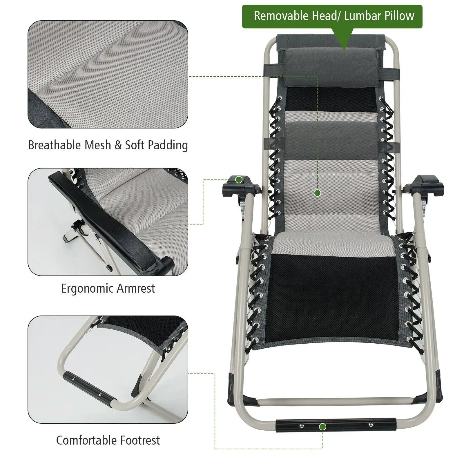 2 Pieces Adjustable Padded Lounge Recliner with Removable Head Pillow-Black by DirectDeals