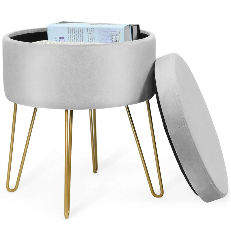 Round Velvet Storage Ottoman Footrest Stool Vanity Chair with Metal Legs by DirectDeals