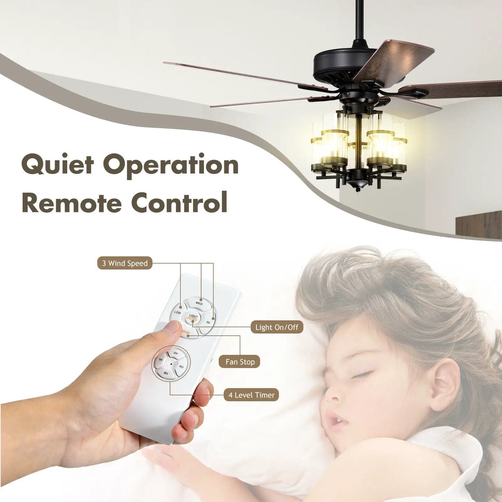 50 Inch Noiseless Ceiling Fan Light with Explosion-proof Glass Lampshades-Black by DirectDeals