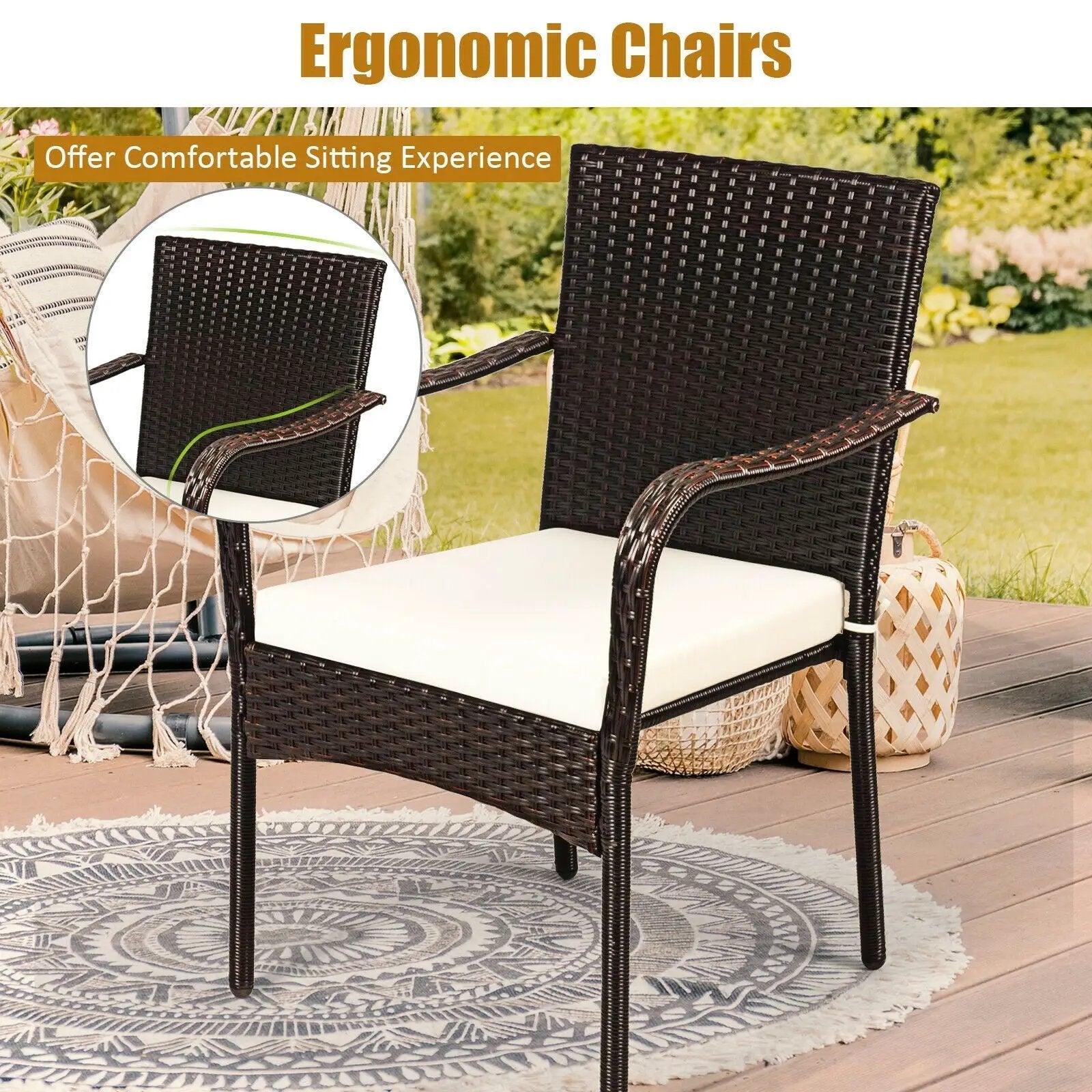 Set of 4 Patio Rattan Stackable Dining Chair with Cushioned Armrest for Garden by DirectDeals