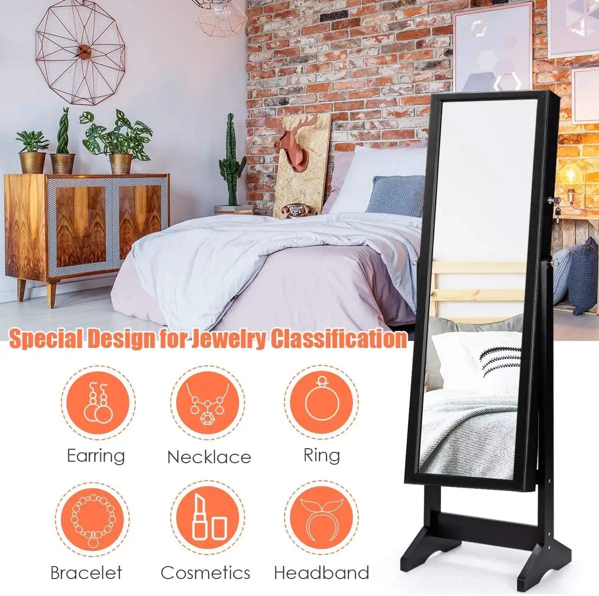 Jewelry Cabinet Stand Mirror Armoire with Large Storage Box by DirectDeals