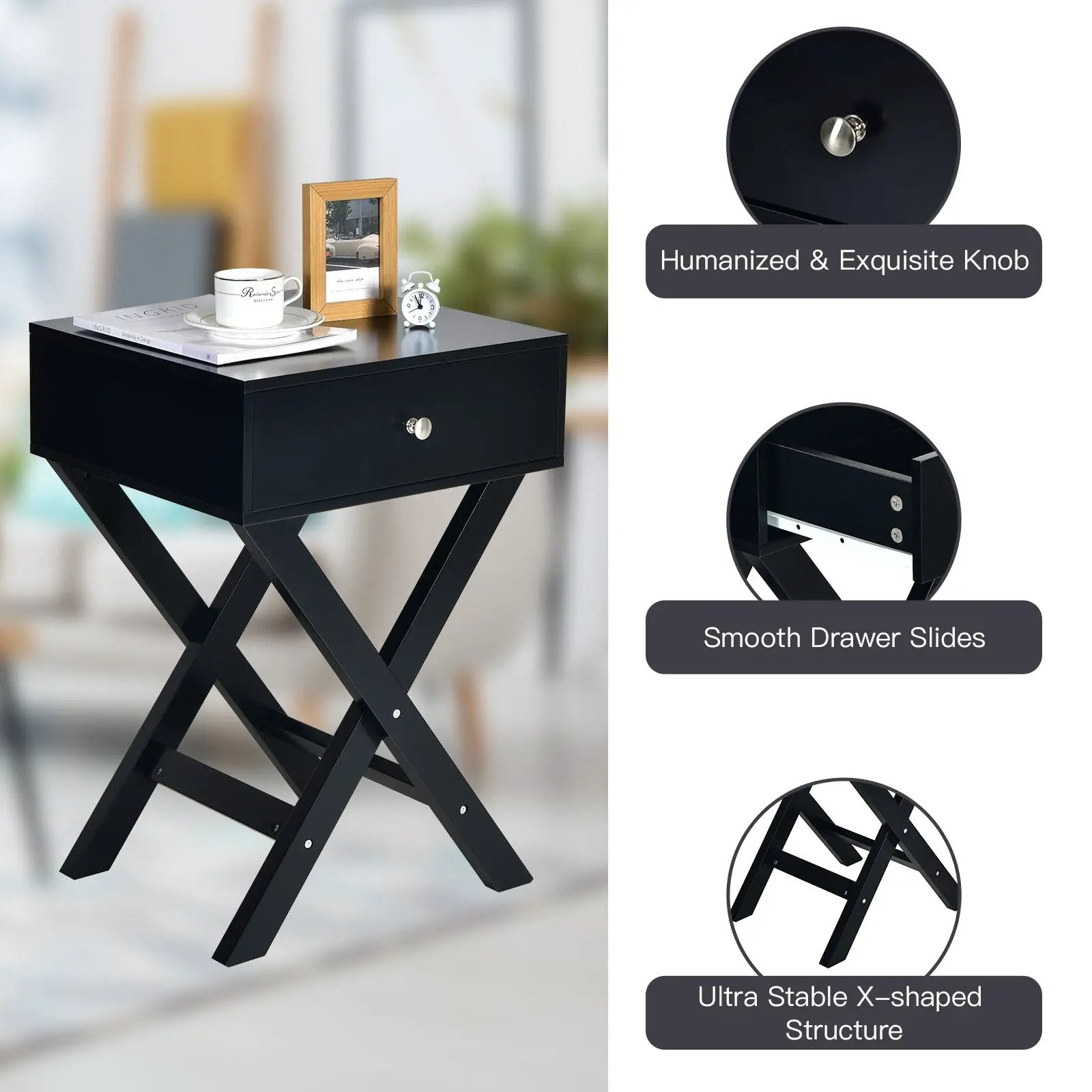 Modern X-Shaped Nightstand with Drawer for Living Room Bedroom by DirectDeals