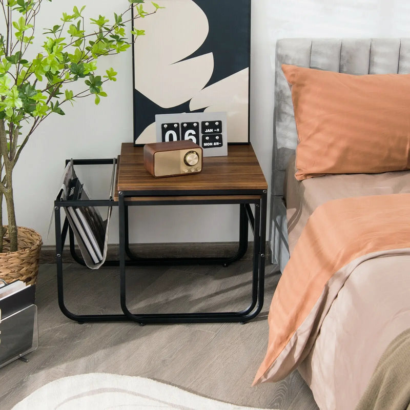 Set of 2 Nesting Coffee Tables with Side Pocket for Living Room Bedroom-Rustic Brown by DirectDeals