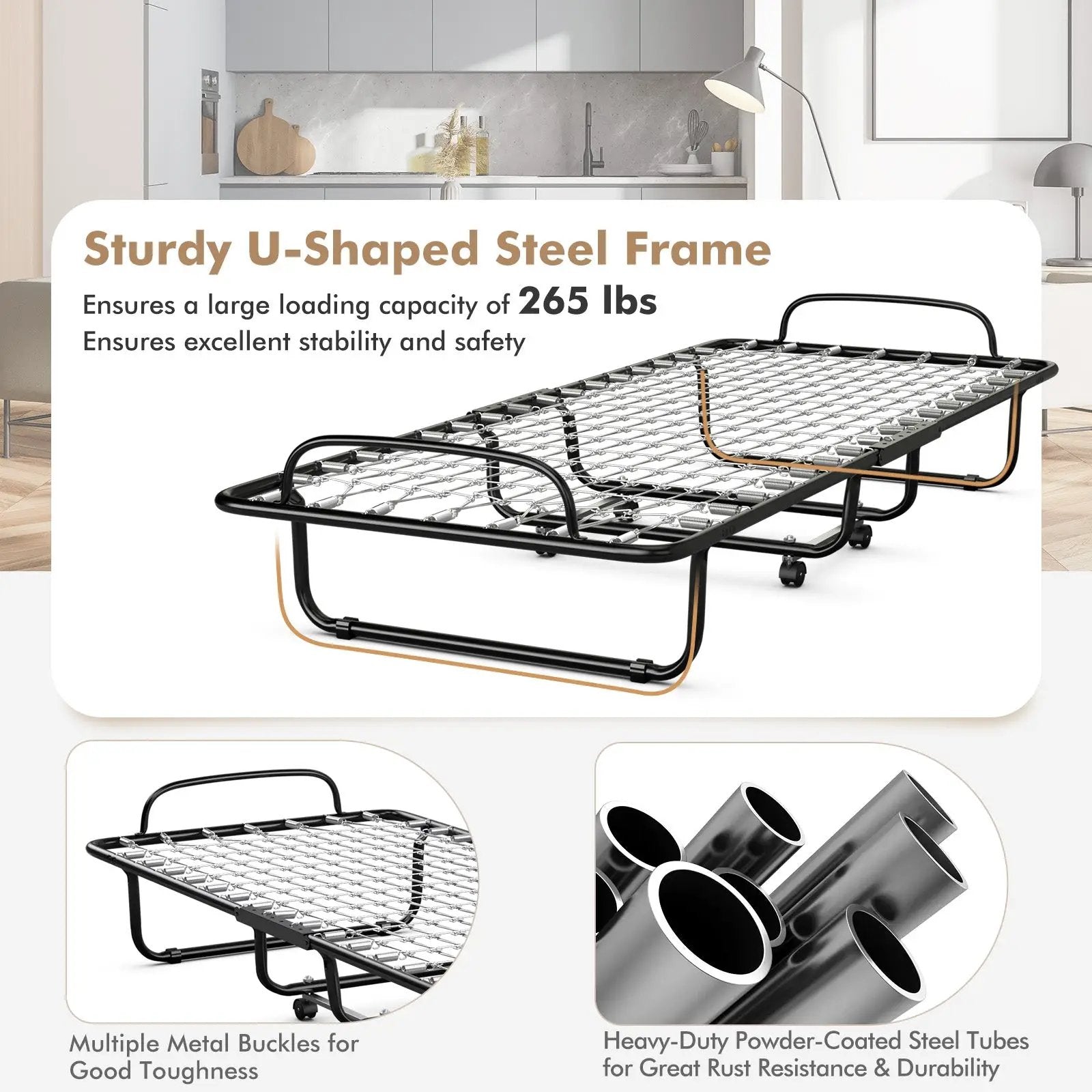 Rollaway Folding Bed with Memory Foam Mattress and Sturdy Metal Frame Made in Italy by DirectDeals