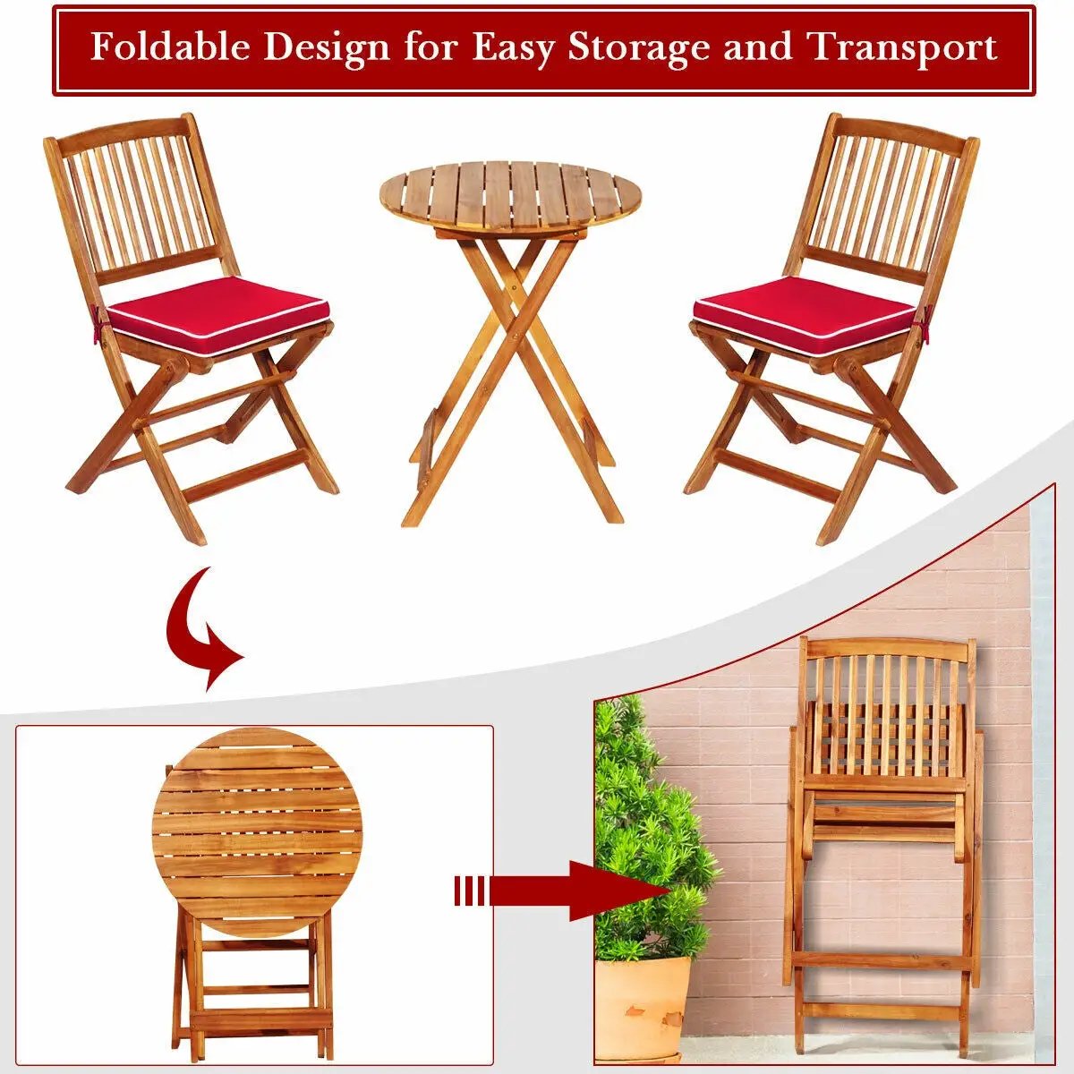 3 Pieces Patio Folding Bistro Set with Padded Cushion and Round Coffee Table-Red by DirectDeals