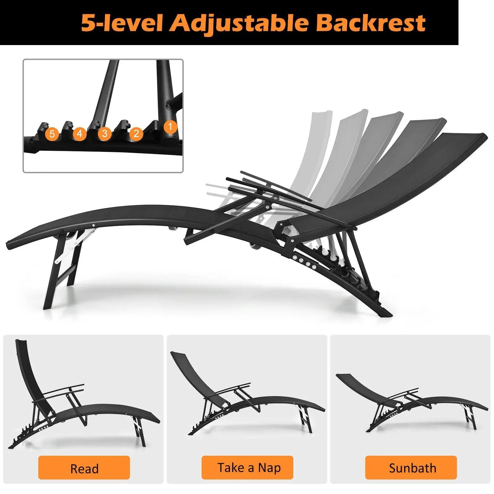 2 Pieces Patio Folding Stackable Lounge Chair Chaise with Armrest-Black by DirectDeals