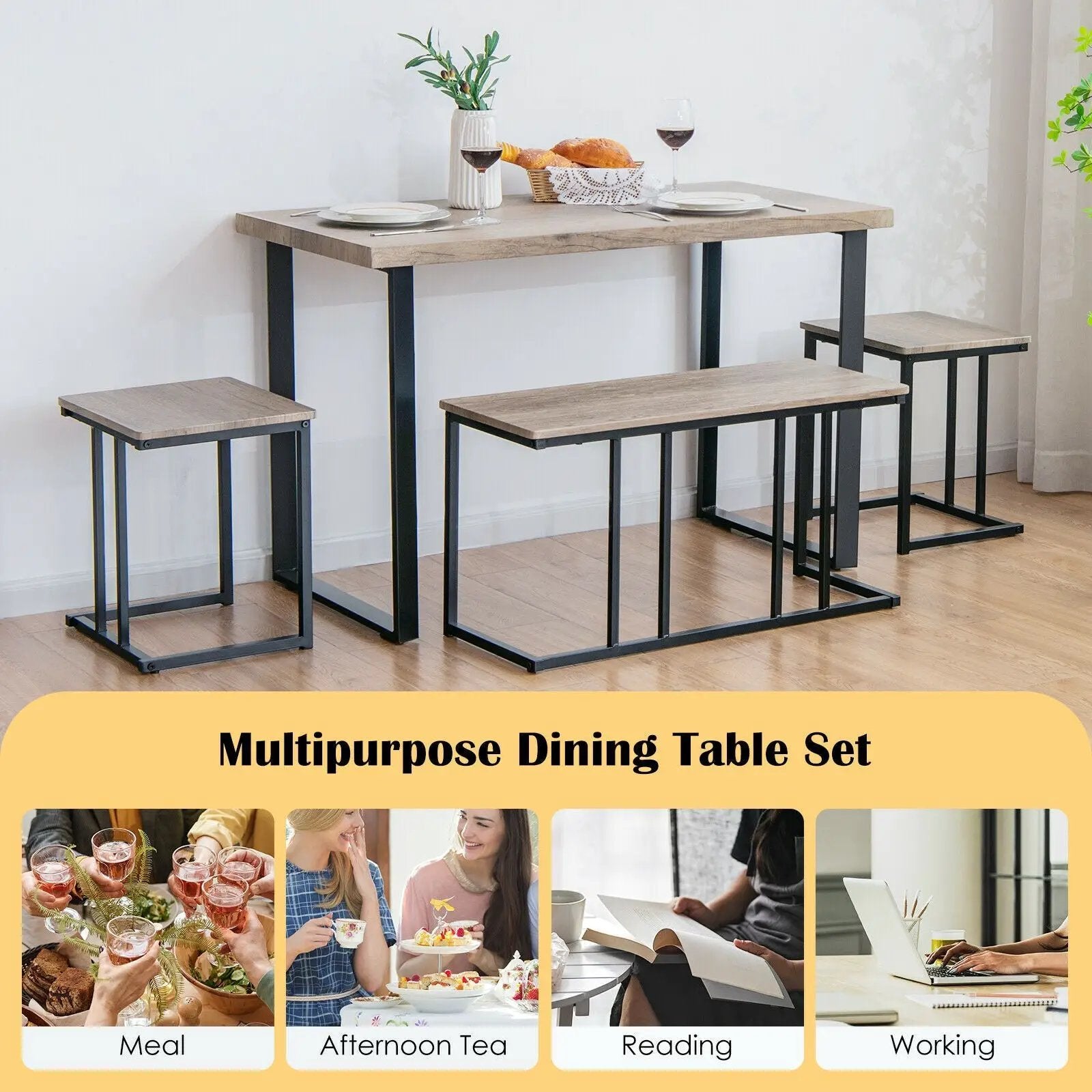 4 Pieces Industrial Dinette Set with Bench and 2 Stools-Oak by DirectDeals