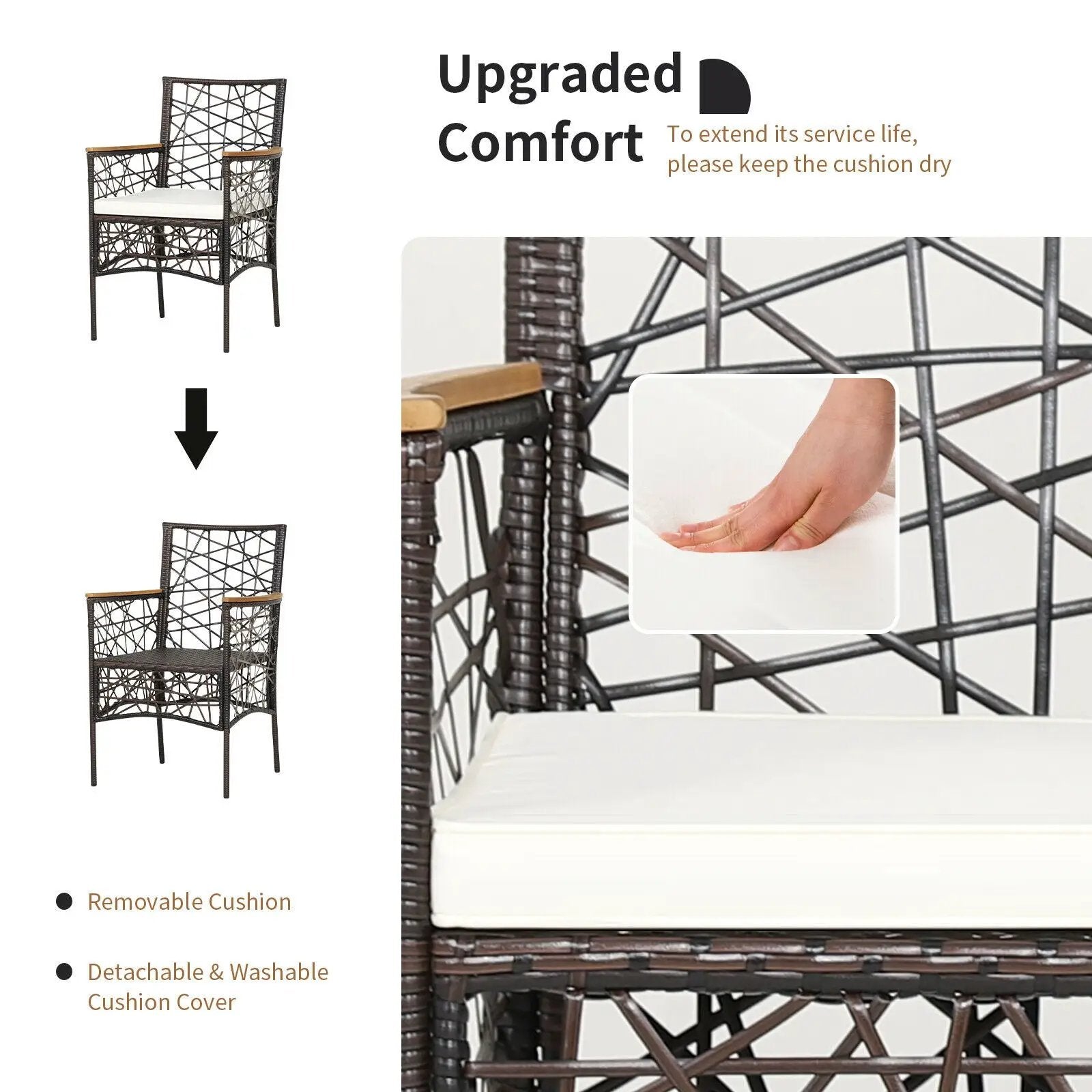 2 Pieces PE Wicker Patio Bistro Dining Chairs with Acacia Wood Armrests and Cushions by DirectDeals
