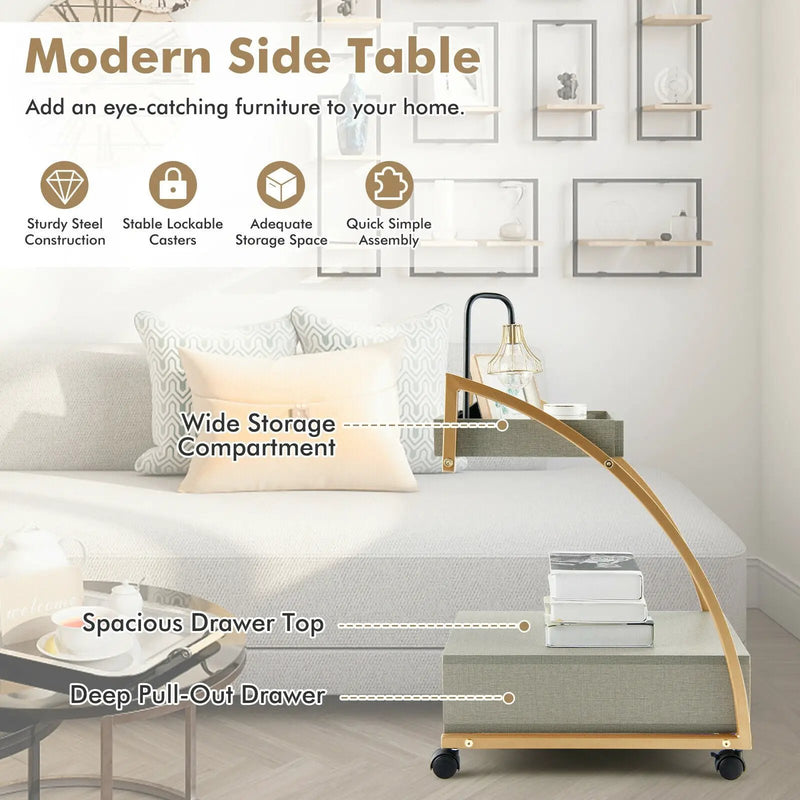 Modern 2-Tier Rolling End Table with Tray Top and Pull-Out Drawer-Gray by DirectDeals