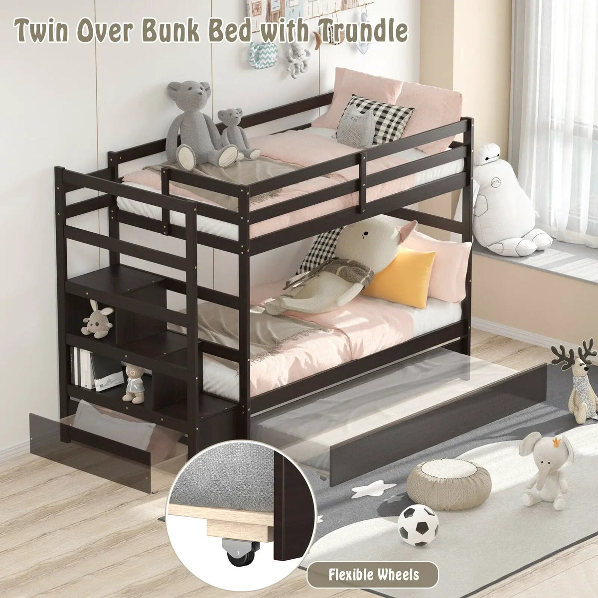 Twin Over Twin Bunk Bed with Storage Shelf and Drawer by DirectDeals