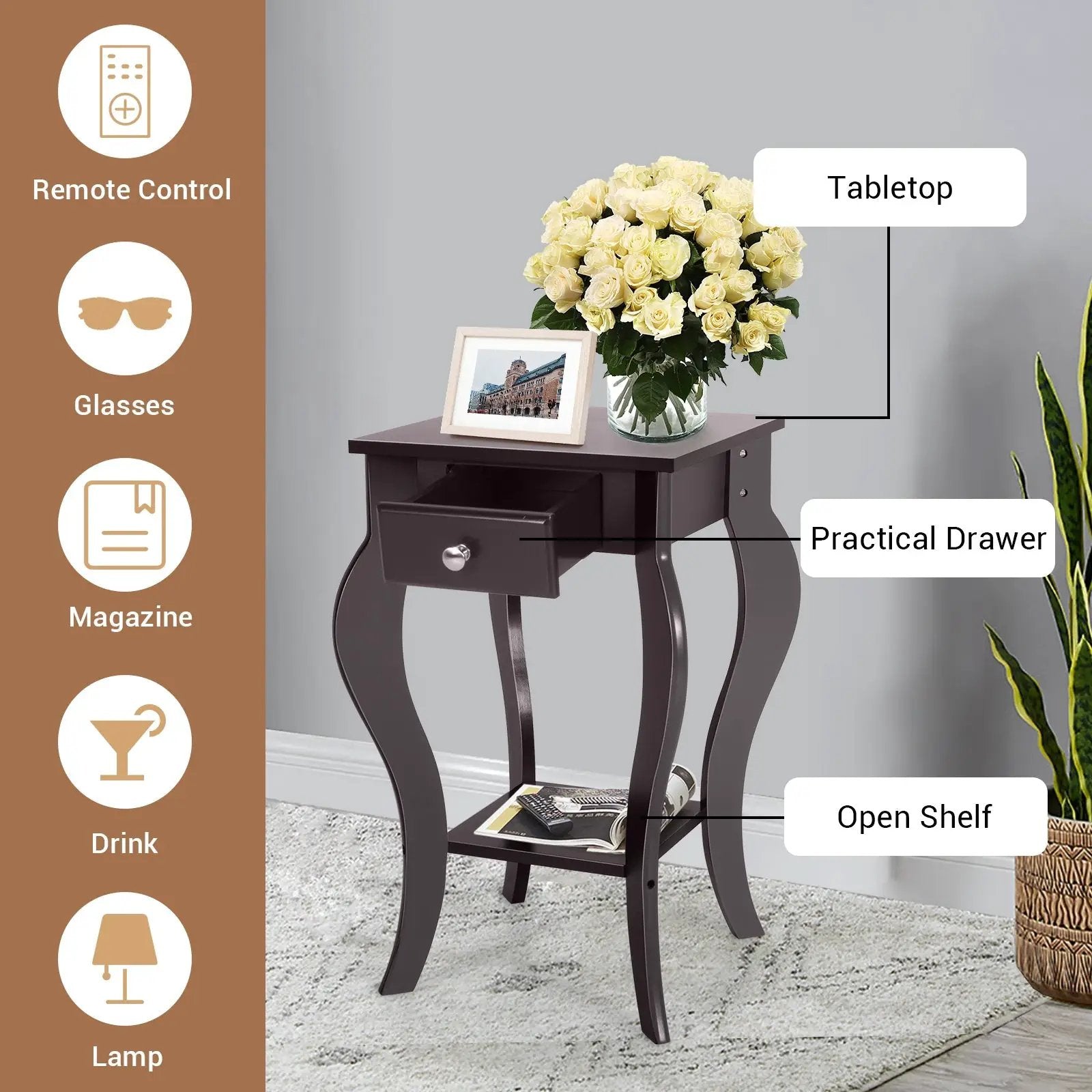 2-Tier End Table with Drawer and Shelf for Living Room Bedroom by DirectDeals