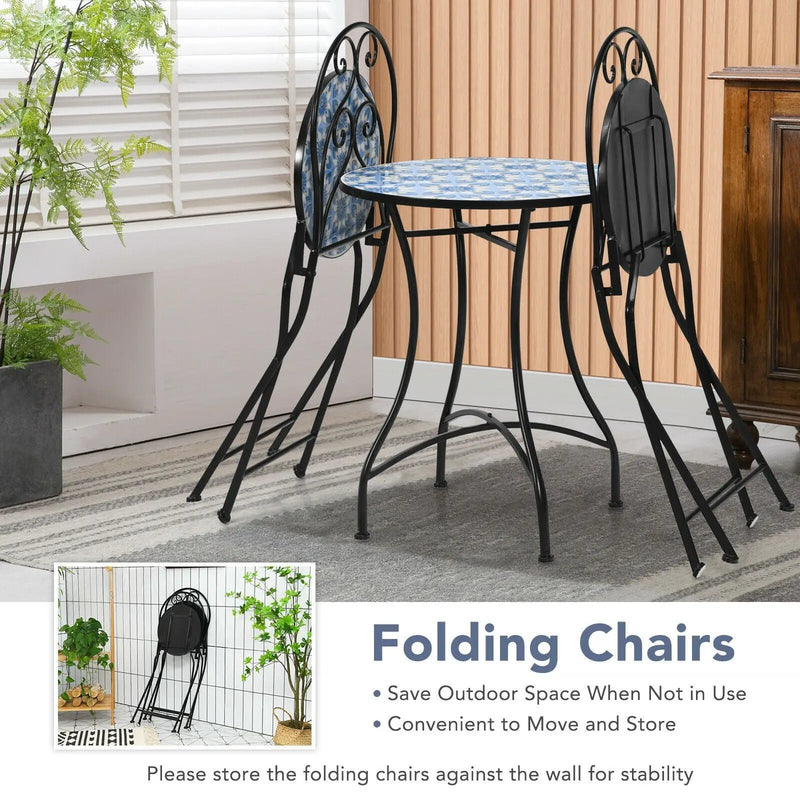2 Pieces Patio Folding Mosaic Bistro Chairs with Blue Floral Pattern by DirectDeals