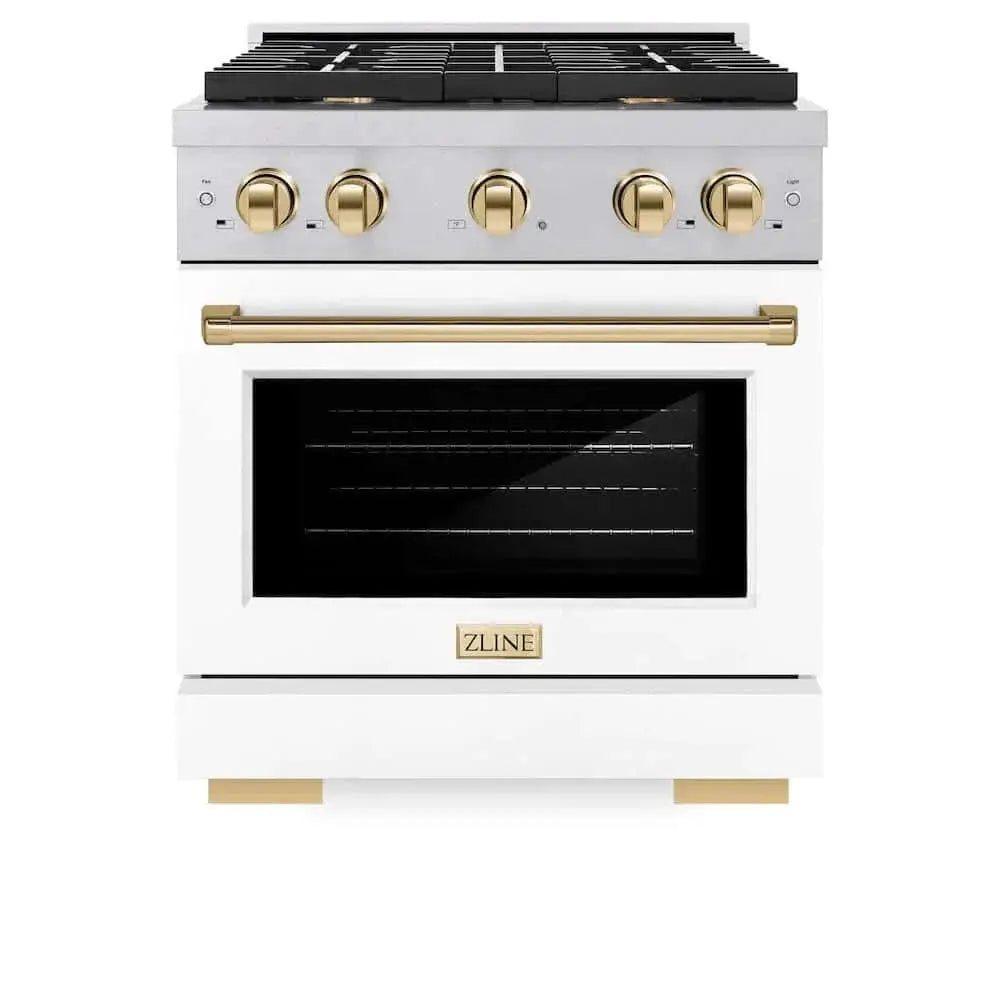 ZLINE 30"Gas Range, Convection Gas Oven, DuraSnow® White Matte, Gold SGRSZ-WM-30-G by Farmhouse Kitchen and Bath