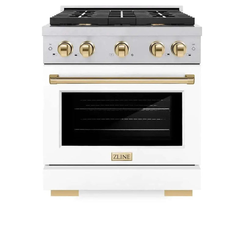 ZLINE 30"Gas Range, Convection Gas Oven, DuraSnow® White Matte, Gold SGRSZ-WM-30-G by Farmhouse Kitchen and Bath
